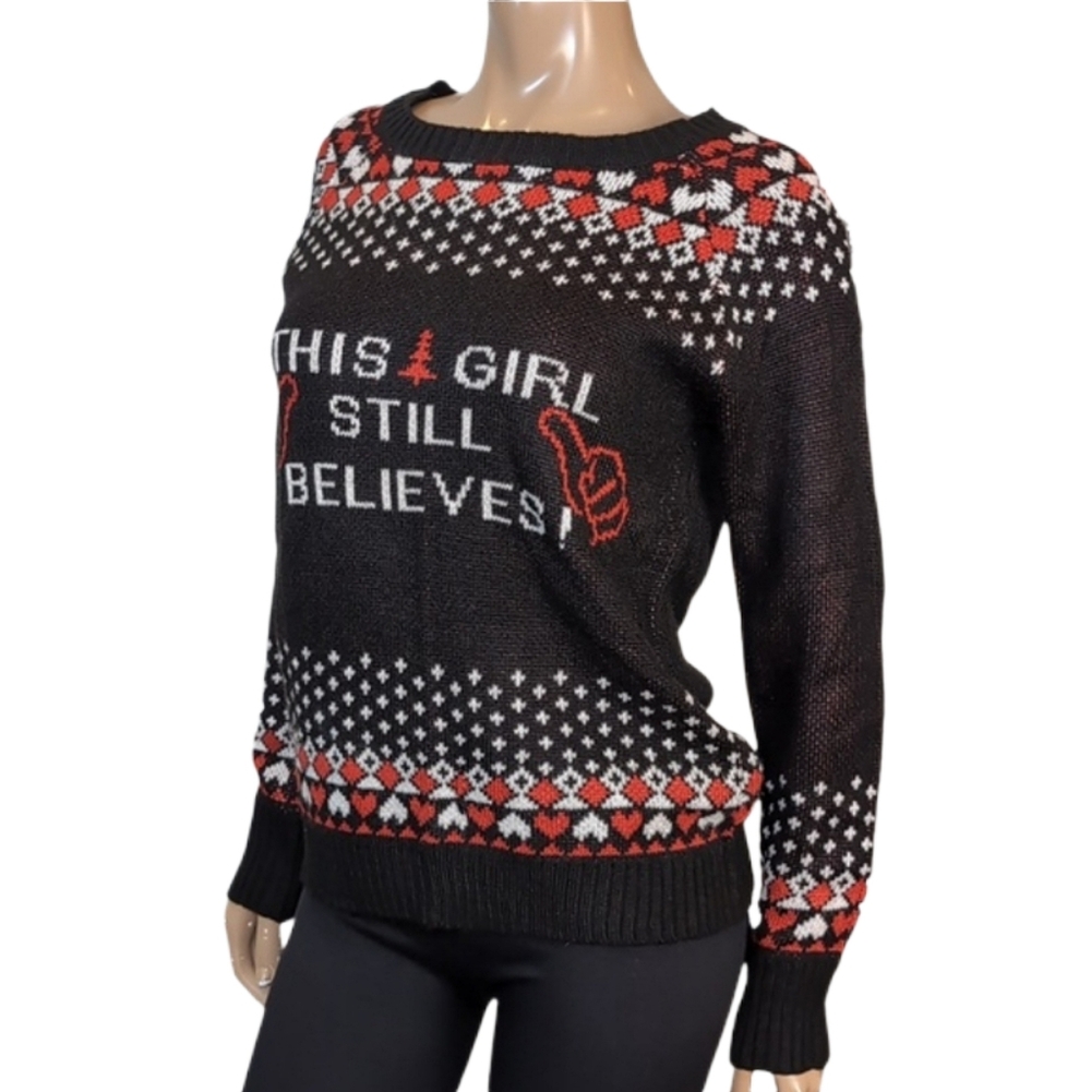Suzy Shier Ugly Christmas Sweater This Girl Still Believes Black Womens Medium